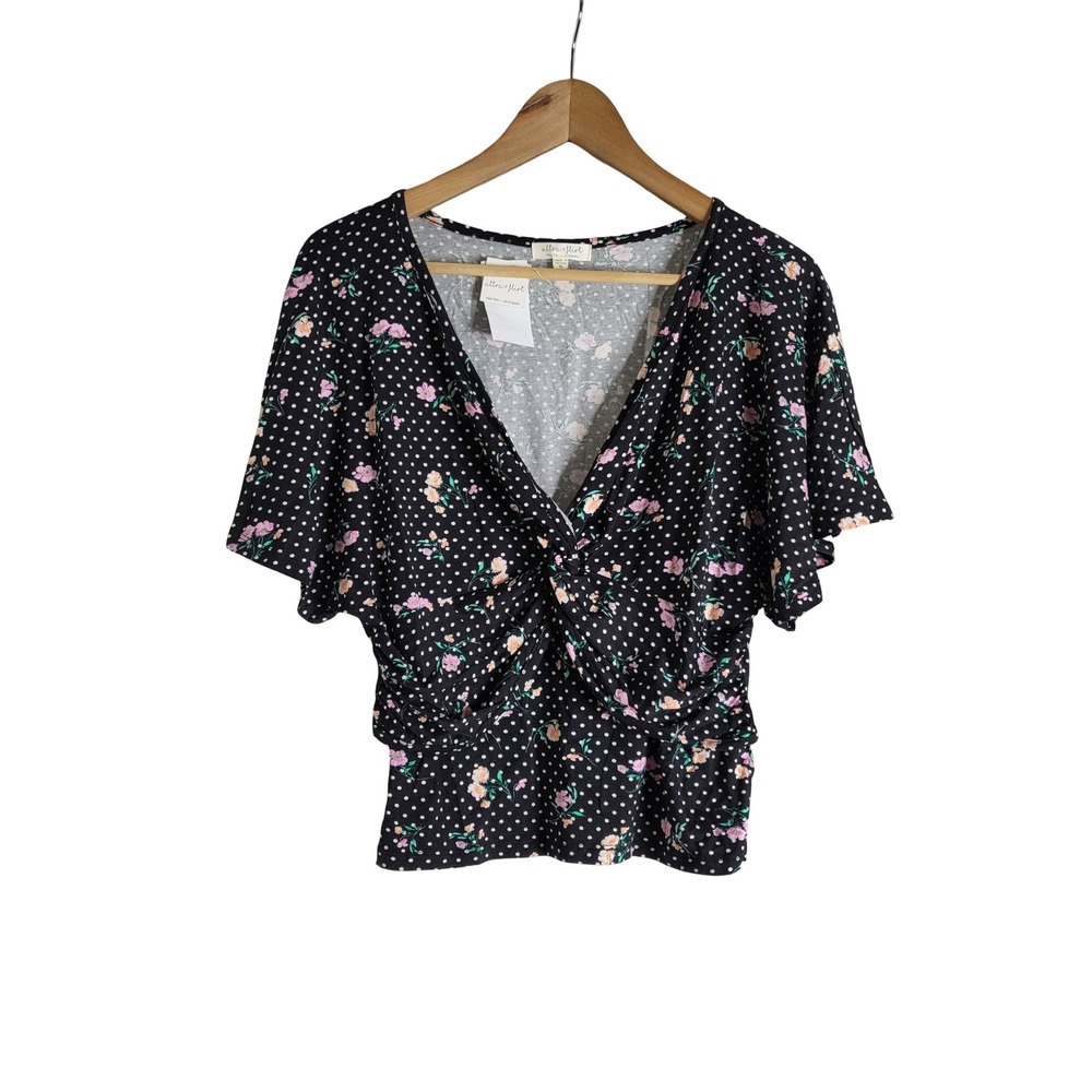 Ultra Flirt Black Floral Polka Dot Twist Front Flutter Sleeve Top XL Office Chic